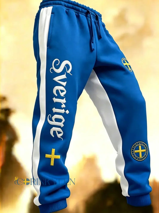 Herr Retro Viking Svensk Fotbollsflagga Mönstrade Fritidsshorts - blå / S