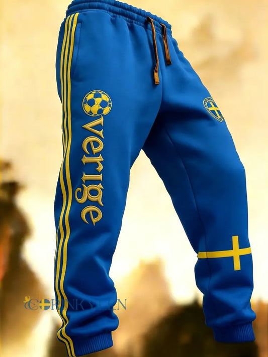 Herr Retro Viking Svensk Fotbollsflagga Mönstrade Fritidsshorts - blå / S