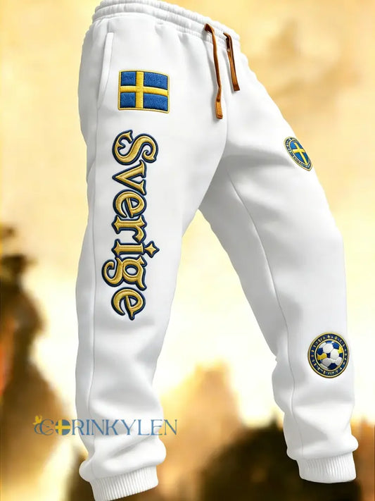 Herr Retro Viking Svensk Fotbollsflagga Mönstrade Fritidsshorts - vitt / S