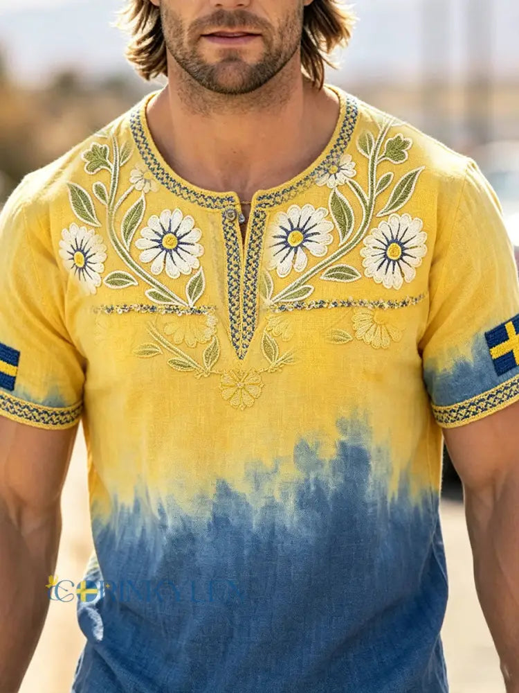 Herr Sverige Gaffel Konst Blommigt Tryckt Linne T-shirt - som bild / S