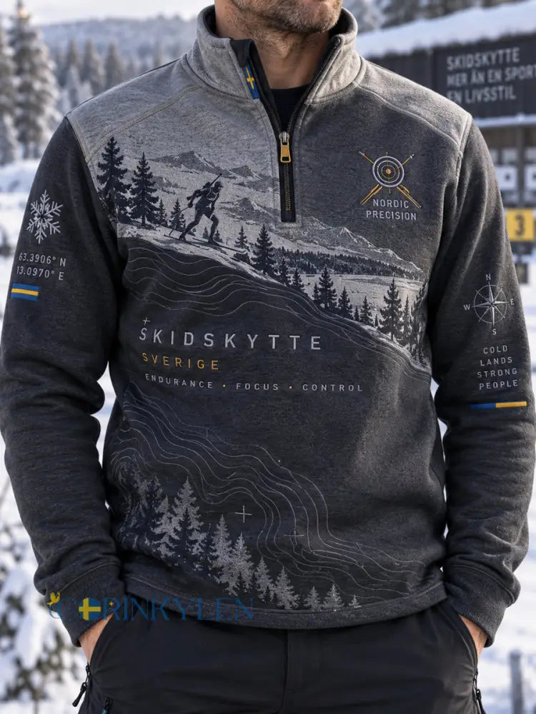 Herr Sverige Skidskytte Heritage-luftig tröja med halvdragkedja - som bild / S