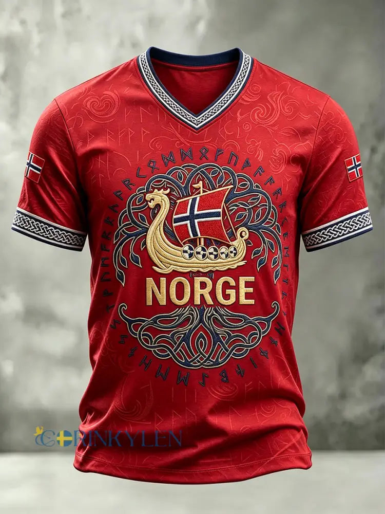 Herr T-shirt med konstnärlig flagga föreställande ett vikingaskepp och runor V-ringning - röd / S