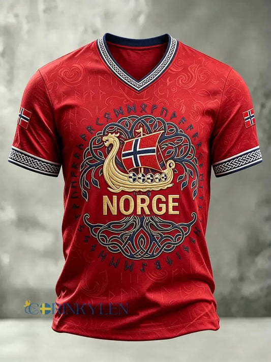Herr T-shirt med konstnärlig flagga föreställande ett vikingaskepp och runor V-ringning - röd / S
