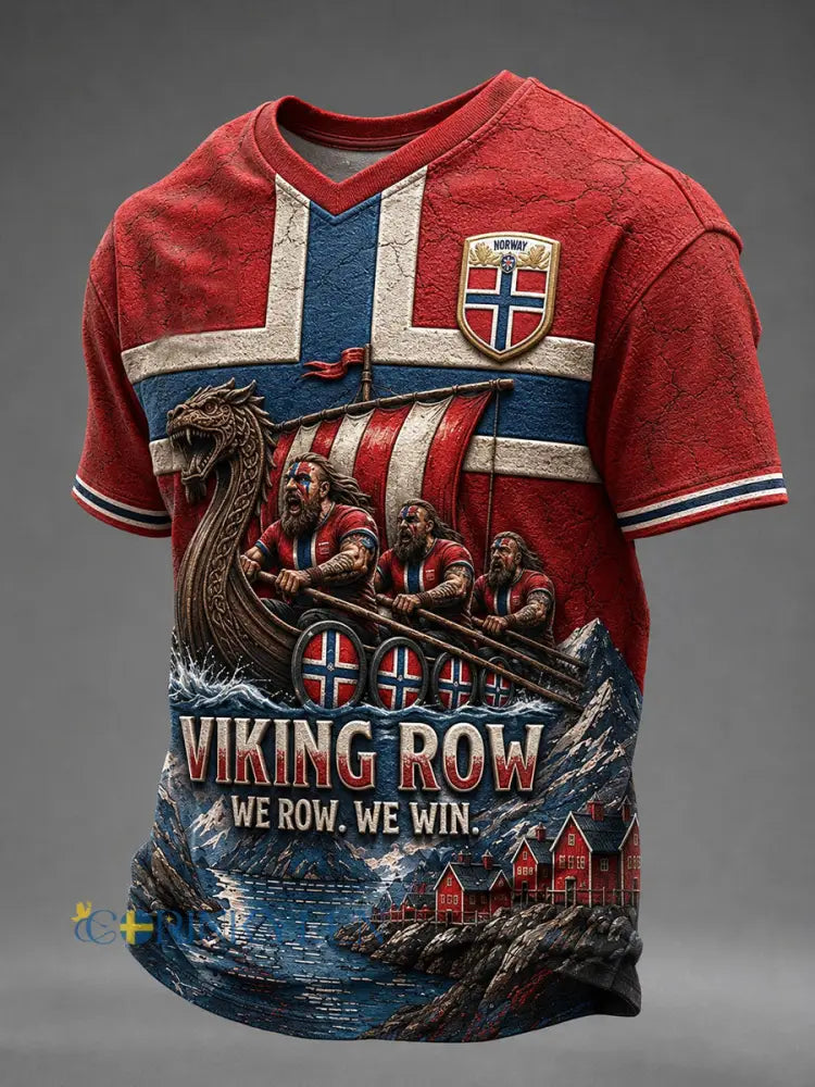 Herr-T-shirt med v-ringning Viking Row We Row We Win - röd / S