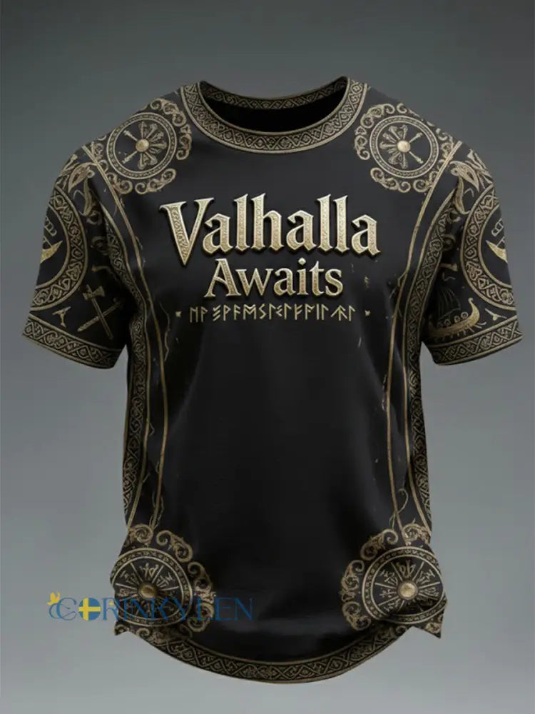 Herr T-shirt med vikingamotiv – Valhall väntar - svart / S