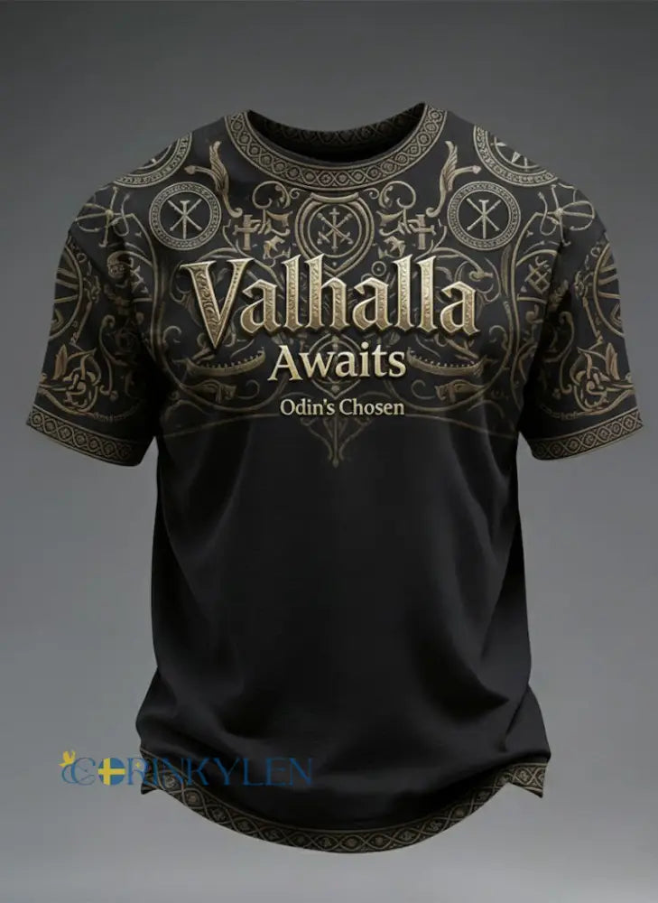 Herr T-shirt med vikingamotiv – Valhall väntar - svart / S