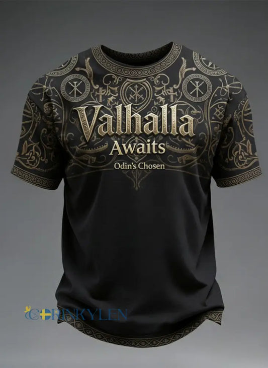 Herr T-shirt med vikingamotiv – Valhall väntar - svart / S