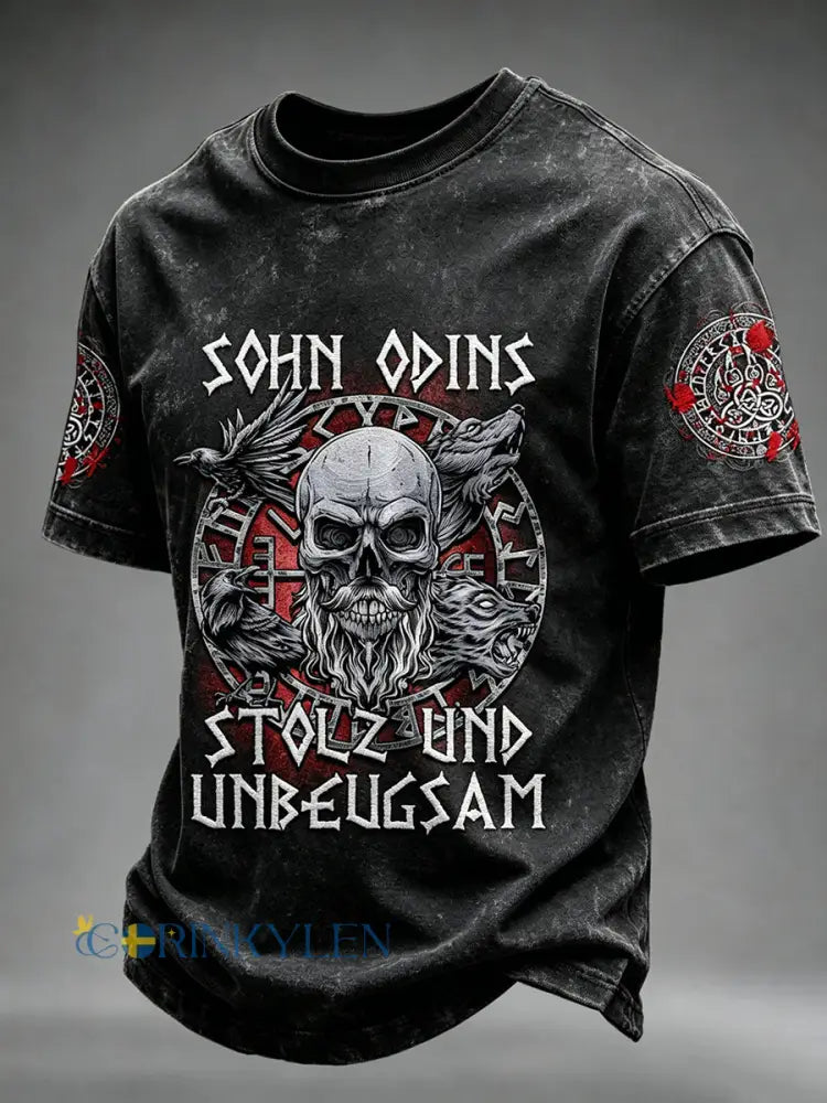 Herr Viking Odin Viking Valhalla T-shirt med dödskallsmönster och korta ärmar - svart / S