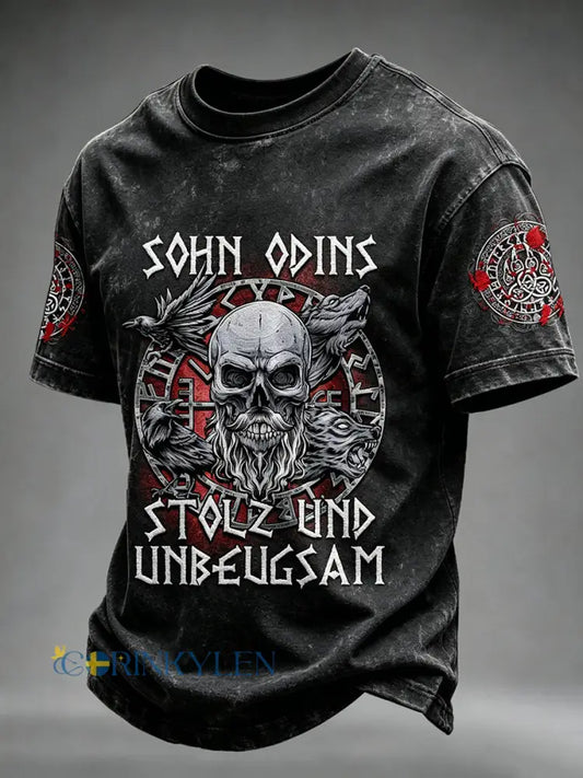 Herr Viking Odin Viking Valhalla T-shirt med dödskallsmönster och korta ärmar - svart / S
