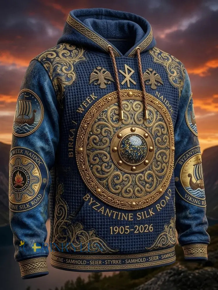 Herrar Retro Svensk Birka Vikingaveckor Viking Rundsköld Hoodie - blå / S