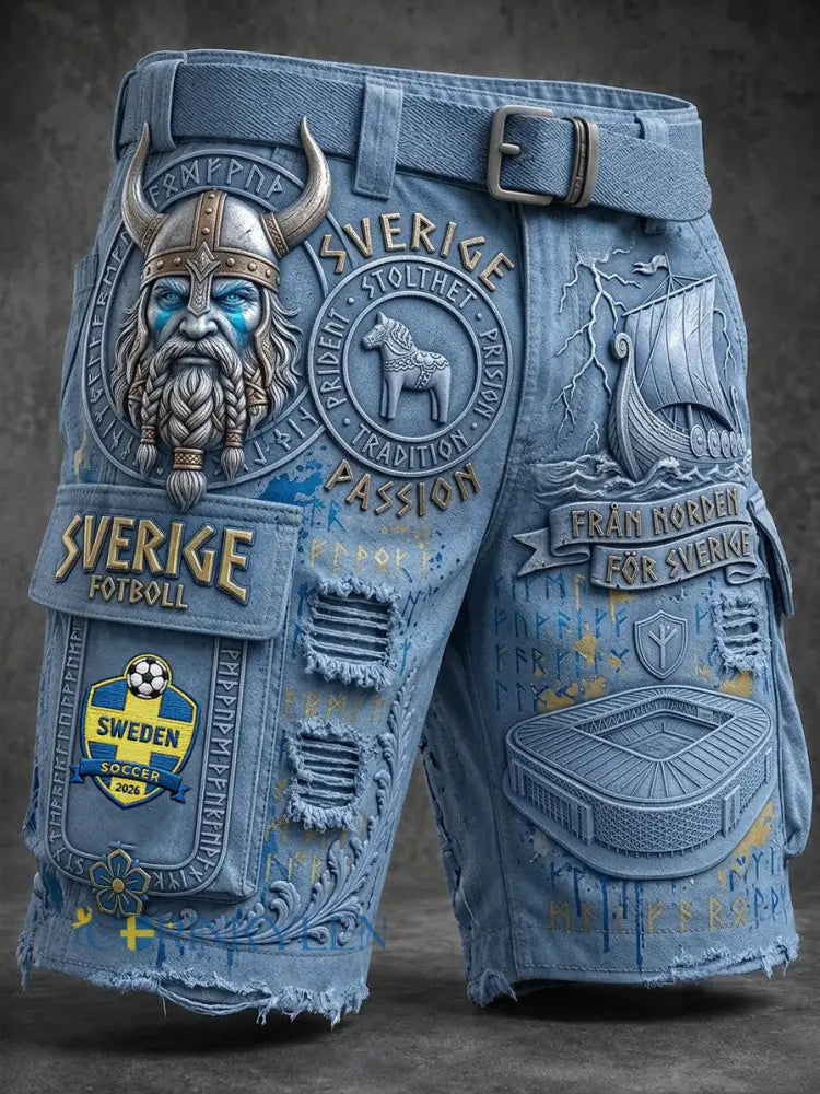 Herrar Retro Svensk Fotboll Älskare Tryck Cargobyxor - blå / S