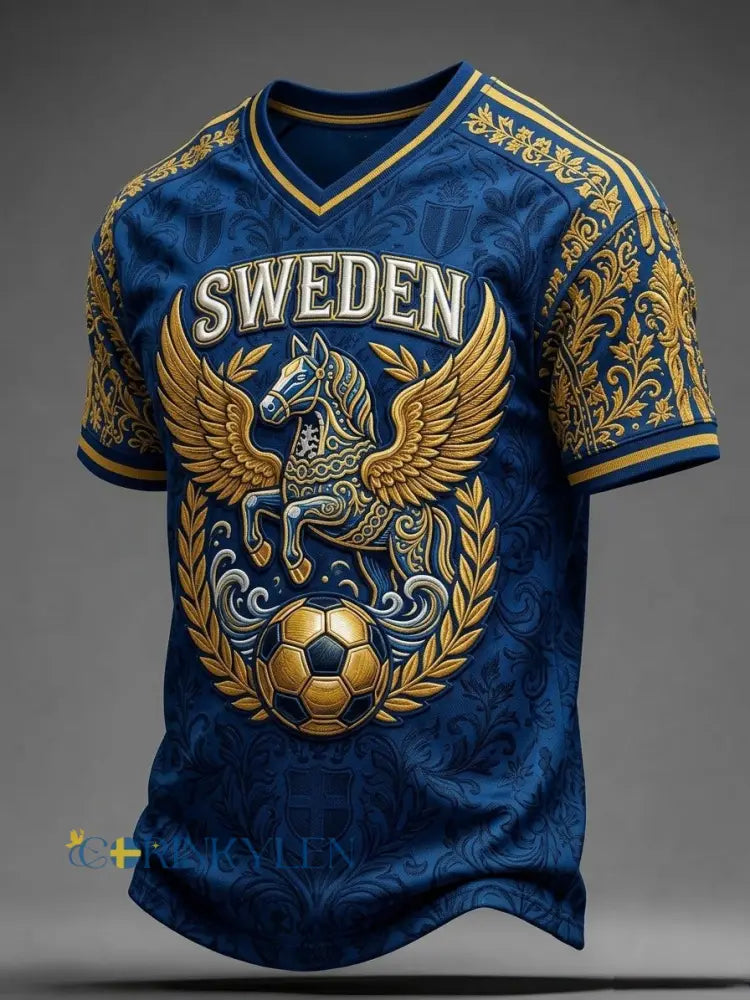 Herrar Retro Svensk Fotbollslärd 2026 Tryckt Avslappnad T-shirt med V-ringning - blå / S