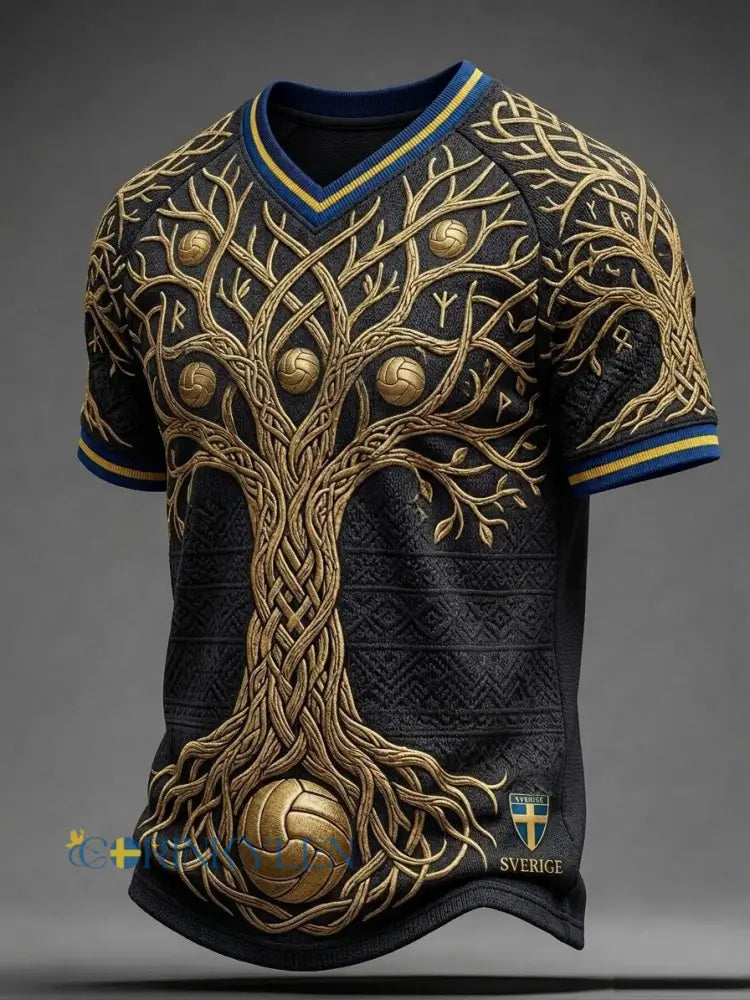 Herrar Retro Svensk Fotbollslärd 2026 Tryckt Avslappnad T-shirt med V-ringning - svart / S