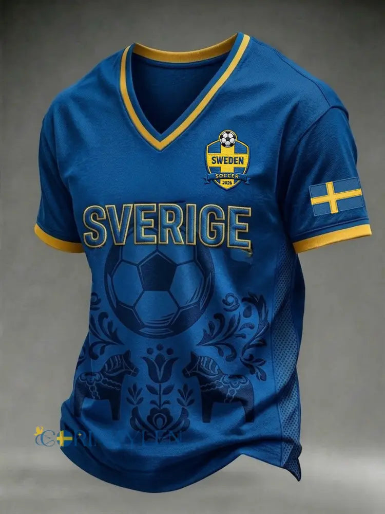 Herrar Retro Svensk Fotbollssupporter Lätt Sportig T-shirt med V-ringning - blå / S