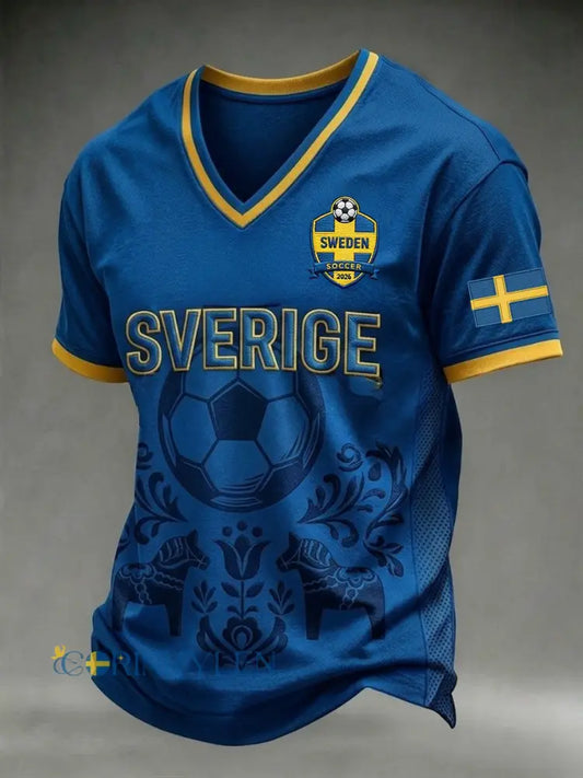 Herrar Retro Svensk Fotbollssupporter Lätt Sportig T-shirt med V-ringning - blå / S