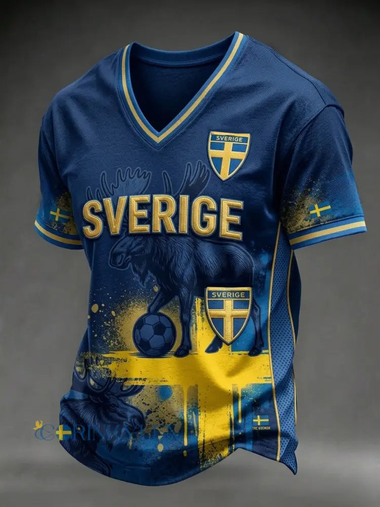 Herrar Retro Svensk Fotbollssupporter Lätt Sportig T-shirt med V-ringning - blå / S