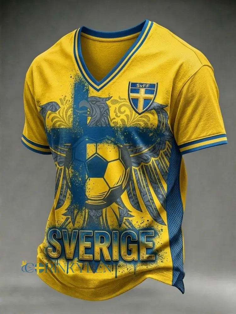 Herrar Retro Svensk Fotbollssupporter Lätt Sportig T-shirt med V-ringning - gul / S