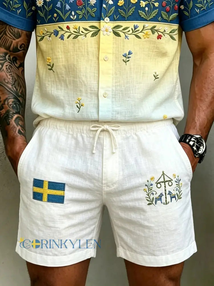 Herrar Retro Svenska Midsommar Folkal Blommig Bomull-Linne Korta Byxor