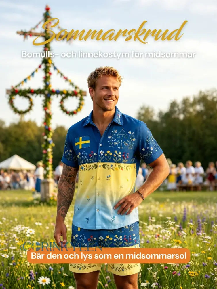 Herrar Retro Svenska Midsommar Folkal Blommig Bomull-Linne Korta Byxor
