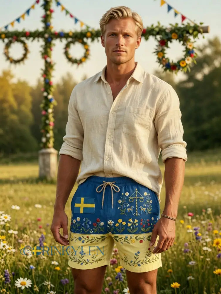 Herrar Retro Svenska Midsommar Folkal Blommig Bomull-Linne Korta Byxor