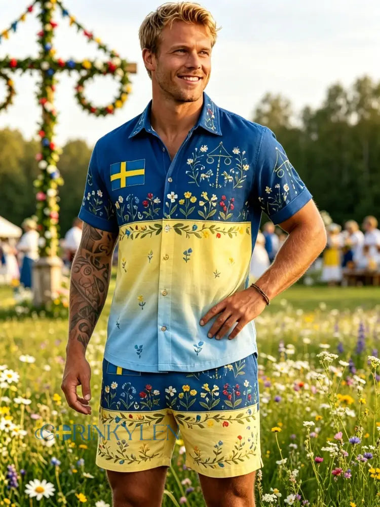 Herrar Retro Svenska Midsommar Folkal Blommig Bomull-Linne Korta Byxor
