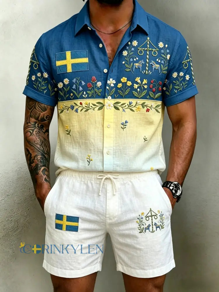 Herrar Retro Svenska Midsommar Folkal Blommig Bomull-Linne Korta Byxor