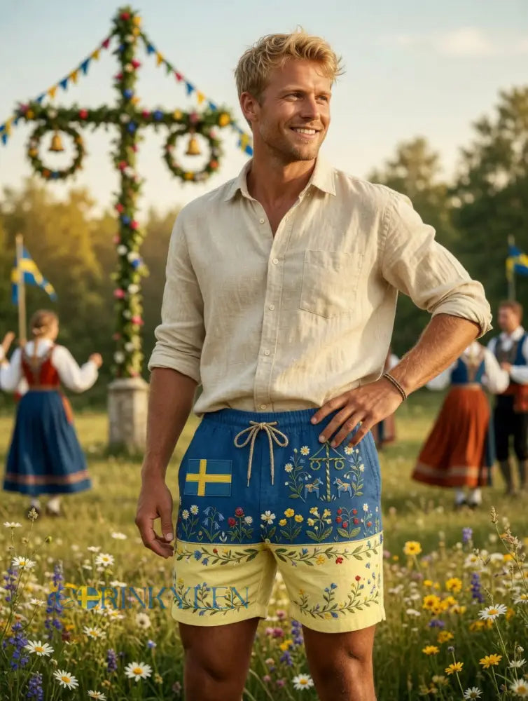 Herrar Retro Svenska Midsommar Folkal Blommig Bomull-Linne Korta Byxor