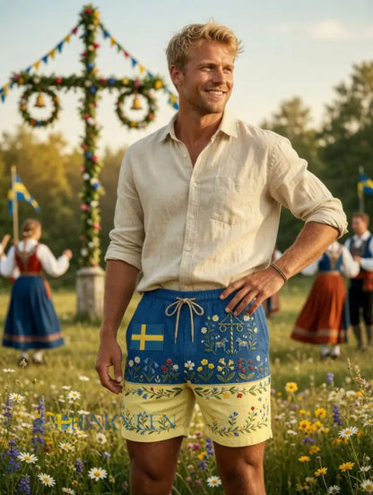 Herrar Retro Svenska Midsommar Folkal Blommig Bomull-Linne Korta Byxor