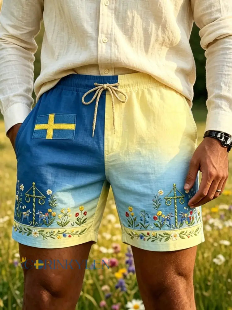 Herrar Retro Svenska Midsommar Folkal Blommig Bomull-Linne Korta Byxor - blå / S