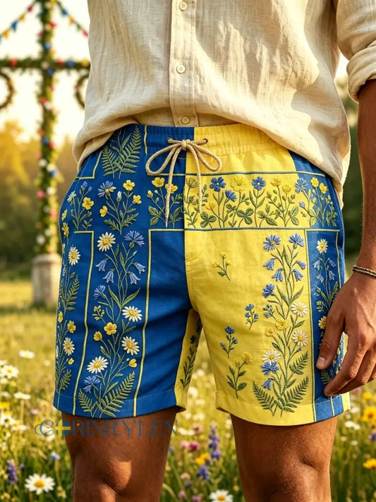 Herrar Retro Svenska Midsommar Folkal Blommig Bomull-Linne Korta Byxor - blå / S