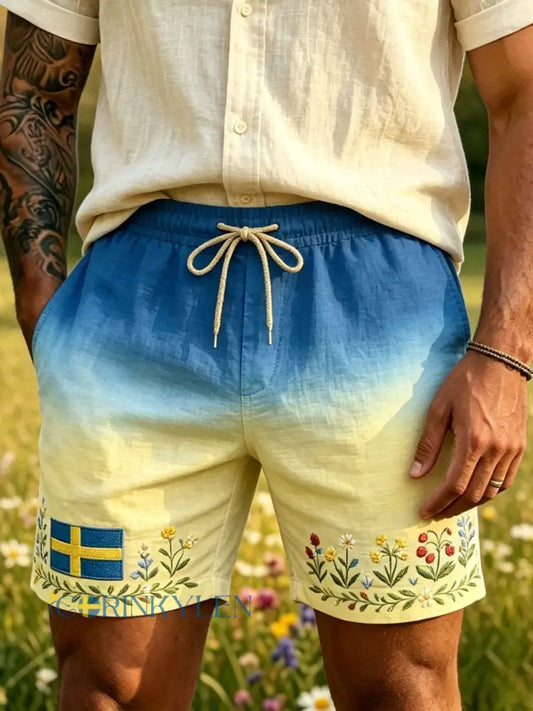 Herrar Retro Svenska Midsommar Folkal Blommig Bomull-Linne Korta Byxor - blå / S