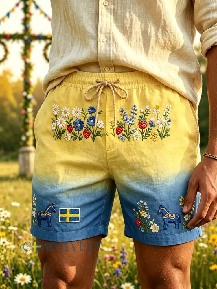 Herrar Retro Svenska Midsommar Folkal Blommig Bomull-Linne Korta Byxor - blå / S