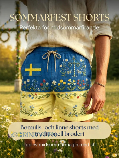 Herrar Retro Svenska Midsommar Folkal Blommig Bomull-Linne Korta Byxor - Blue / S