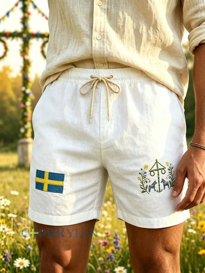 Herrar Retro Svenska Midsommar Folkal Blommig Bomull-Linne Korta Byxor - vitt / S