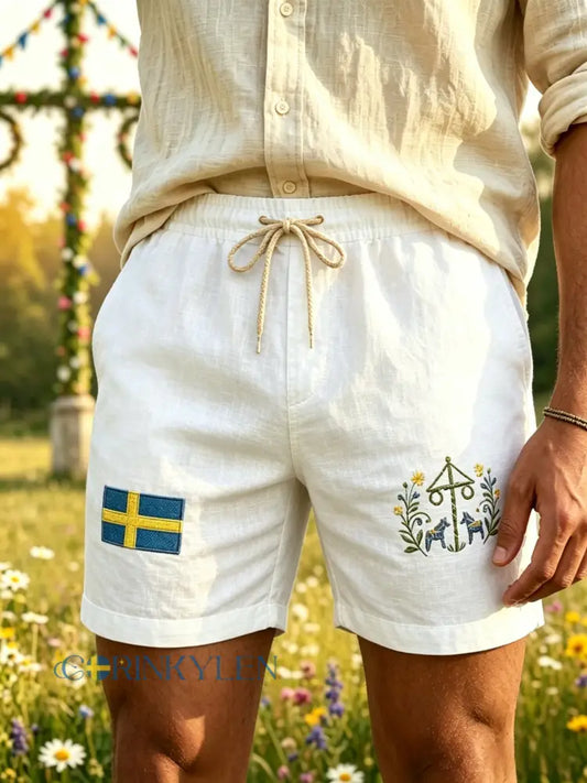 Herrar Retro Svenska Midsommar Folkal Blommig Bomull-Linne Korta Byxor - vitt / S