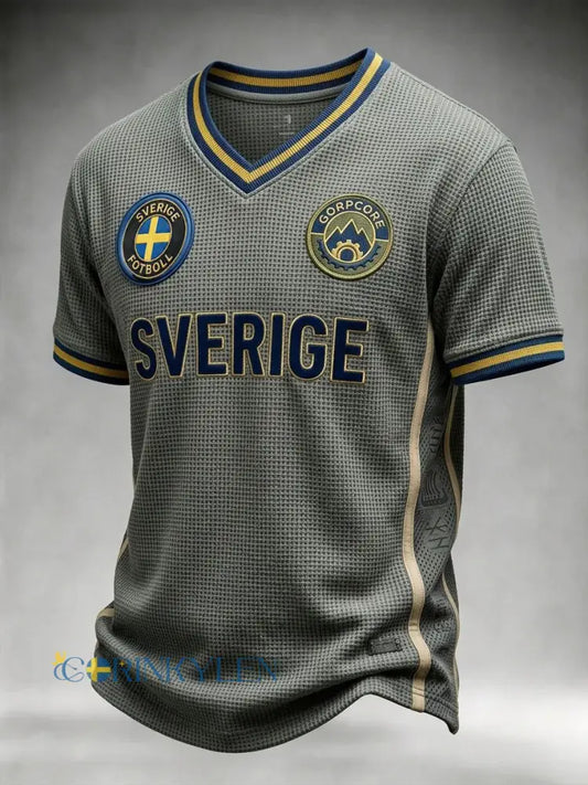 Herrar Retro Sverige Fotbollsläkare 2026 Tryckt Våffel V-ringad Kortärmad T-shirt - grå / S