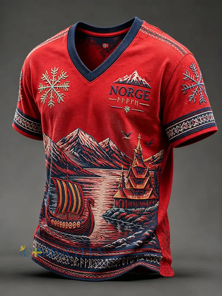 Herrarnas Norge-v-ringade t-shirts - röd / S
