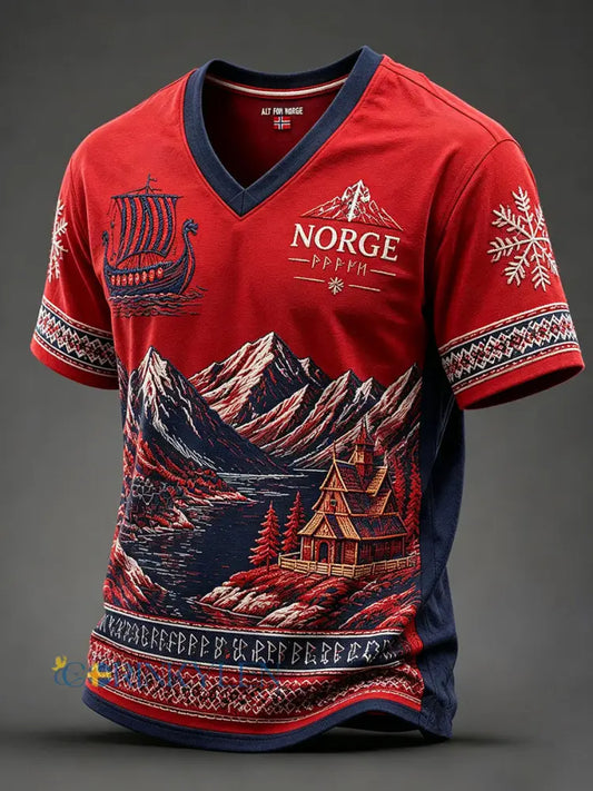 Herrarnas Norge-v-ringade t-shirts - röd / S