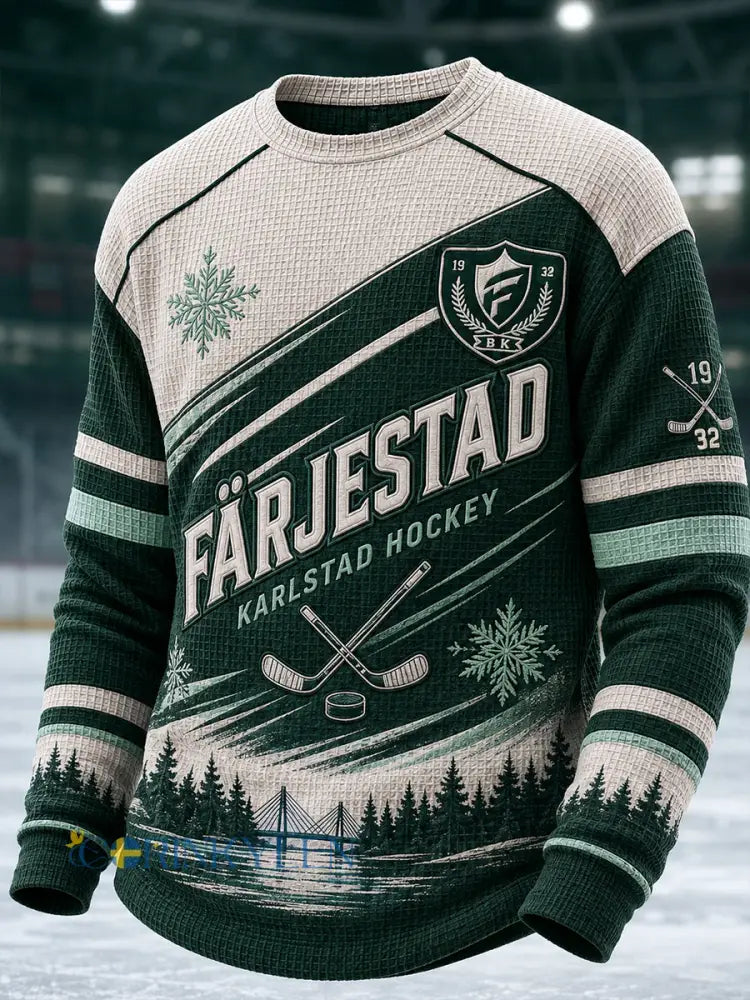 Herrarnas svenska ishockeytröja Färjestad BK Waffle långärmad t-shirt för fans och älskare - A / S