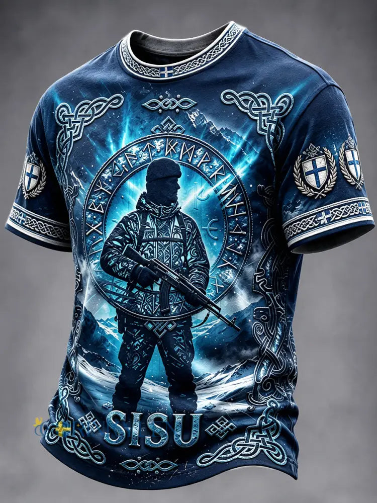 Herrblå Finska militär Sisu Skriv ut Casual T-shirt - djupblåa / S
