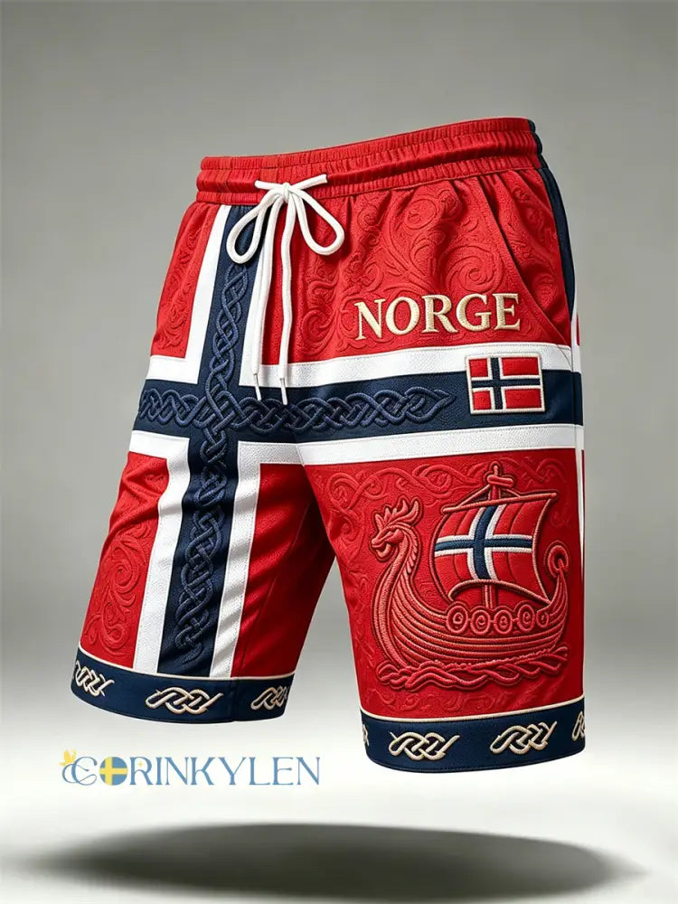 Herrbyxor i norskt vikingaskipsmönster med keltiskt knutmotiv och tryckt flagga dragsko - röd / S