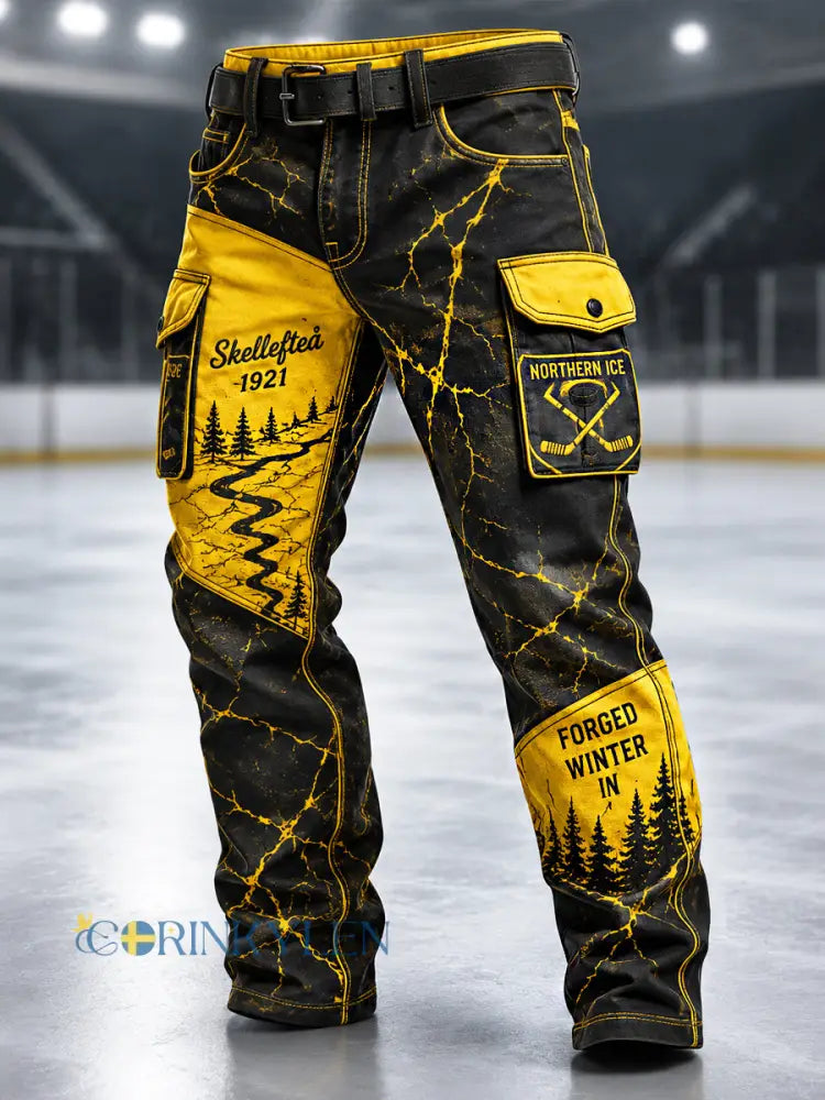 Herrbyxor i retrostil med Skellefteå AIK-artprint – avslappnad arbetsklädsel - svart- gul / S