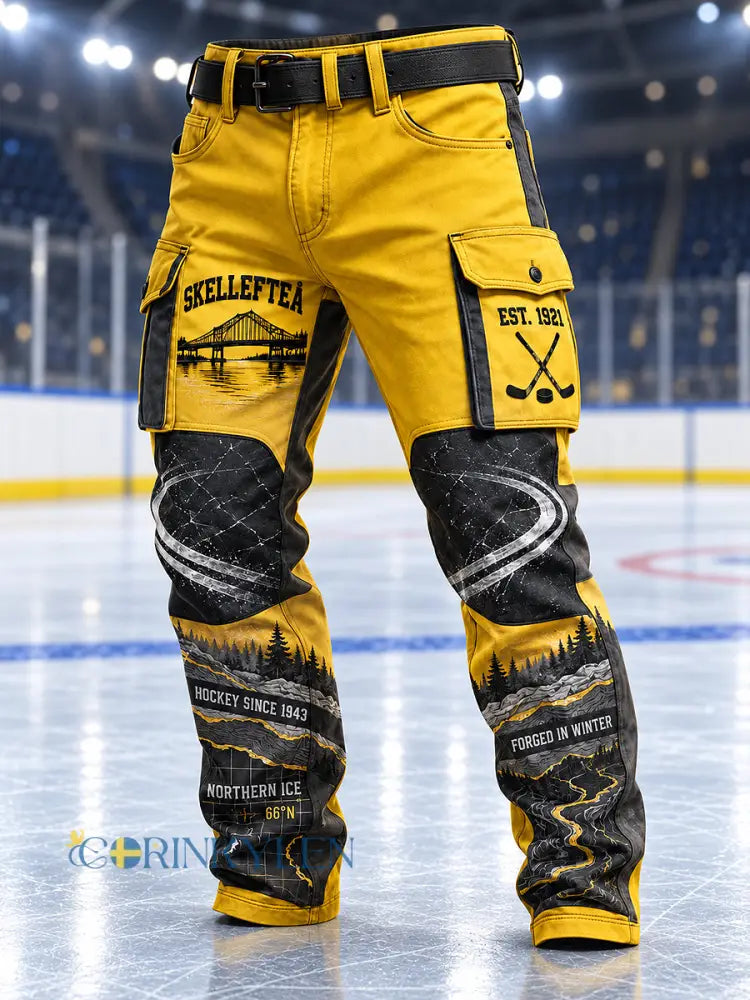 Herrbyxor i retrostil med Skellefteå AIK-artprint – avslappnad arbetsklädsel - svart- gul / S