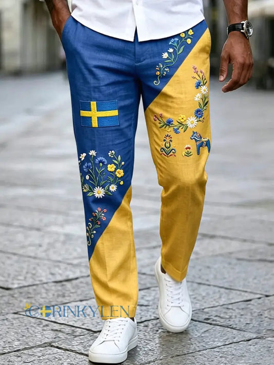 Herrbyxor i retrostil med svensk midsommarkransmönster tillverkade av bomull-linne vardagsvänliga - vitt / S