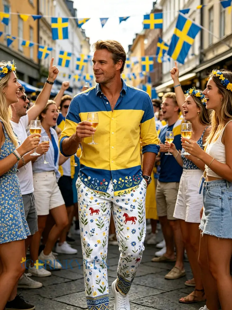 Herrbyxor med konsttryck som firar den svenska midsommarfesten - C / S