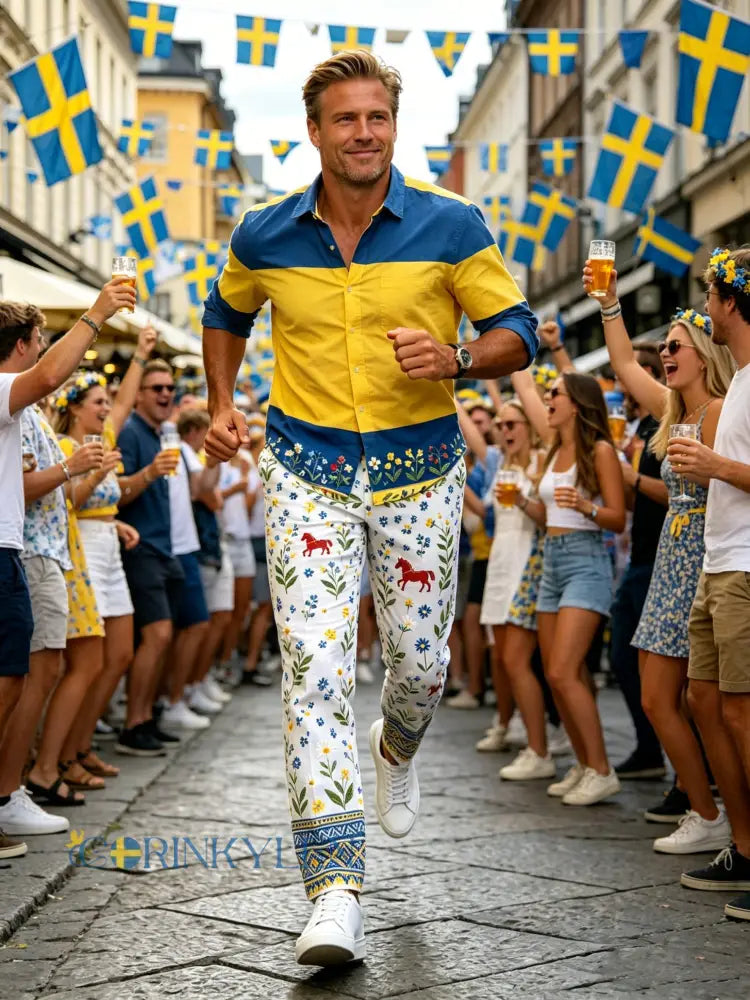 Herrbyxor med konsttryck som firar den svenska midsommarfesten - D / S