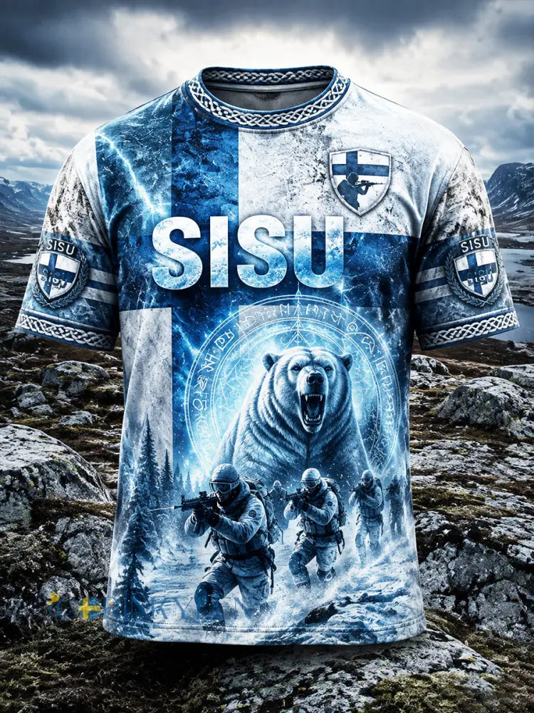 Herrens finska björnveteran ’Sisu’ Spirit Printed Casual T-shirt - blå / S
