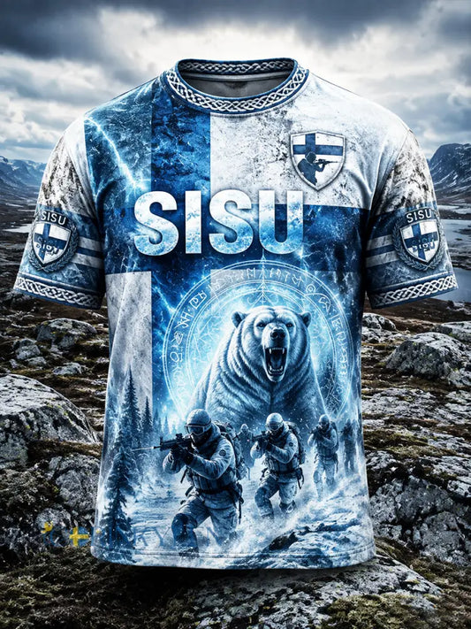 Herrens finska björnveteran ’Sisu’ Spirit Printed Casual T-shirt - blå / S