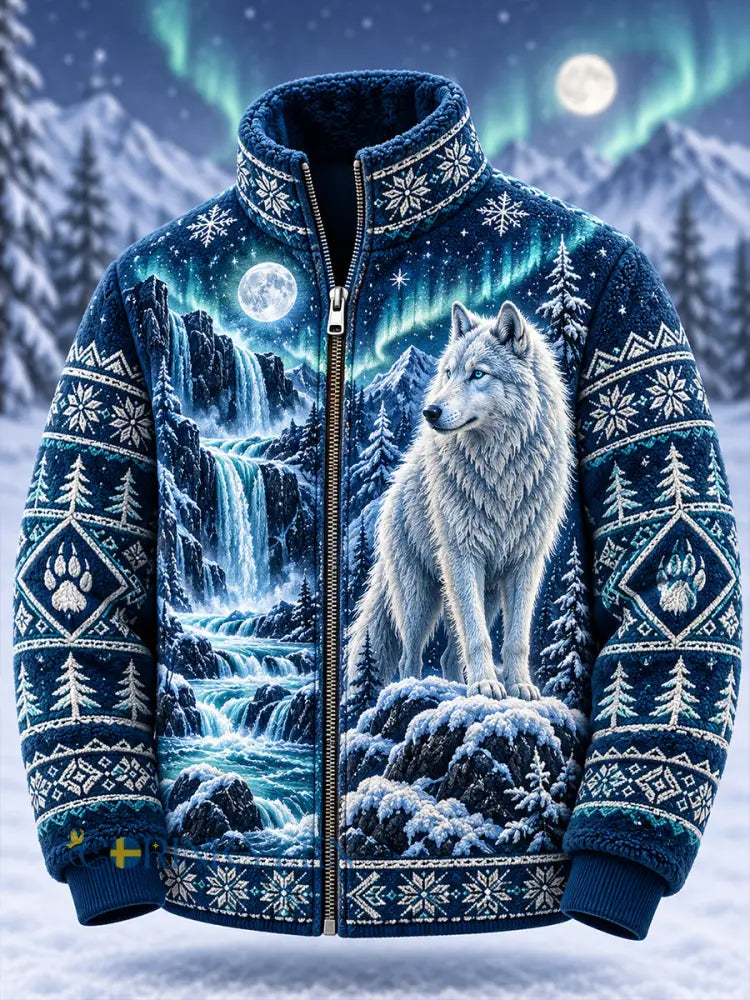 Herrens nordiska skogsdjur tryckt Fleece-Lined Stand-Collar Zip-Up Jacka - A / S
