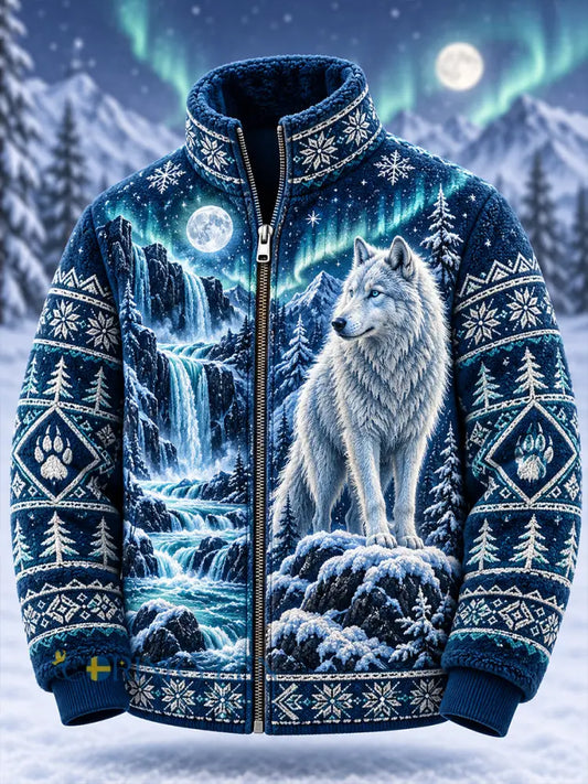 Herrens nordiska skogsdjur tryckt Fleece-Lined Stand-Collar Zip-Up Jacka - A / S